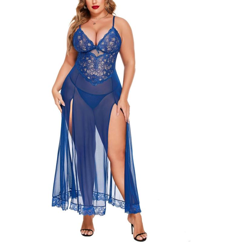Avidlove Plus Size Lingerie For Women Babydoll Sexy Mesh Maxi Nightdress  Strappy Exotic Sleepwear Side Slits